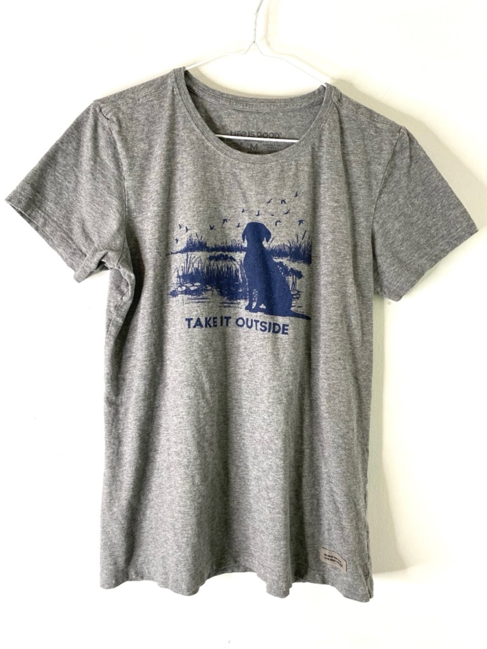 Life Is Good Crusher Take It Outside Grey Graphic Tee Dog Lake Nature Crew Neck